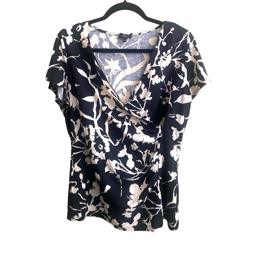 Talbots Wrap Blouse Small Cream Black Floral Flutter Sleeves